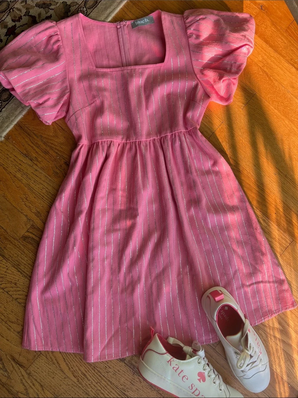 kate spade Pink Metallic-Striped Puff Sleeve Dress